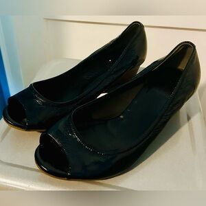 Cole Haan patent black slides with wedge heel